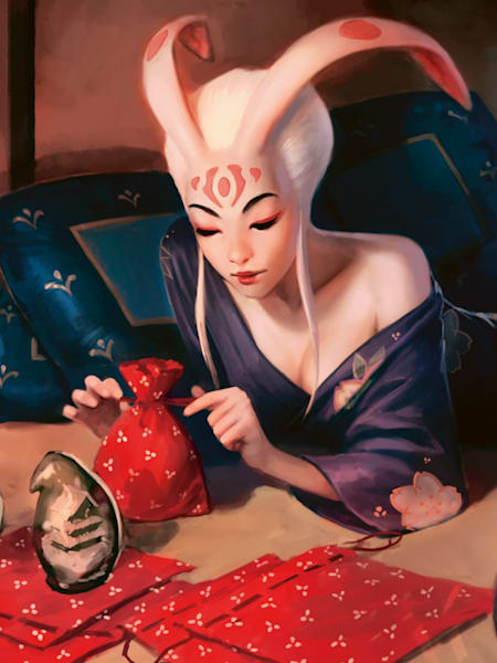 Eine mystische Frau schnürt kleine Beutel mit Geschenken