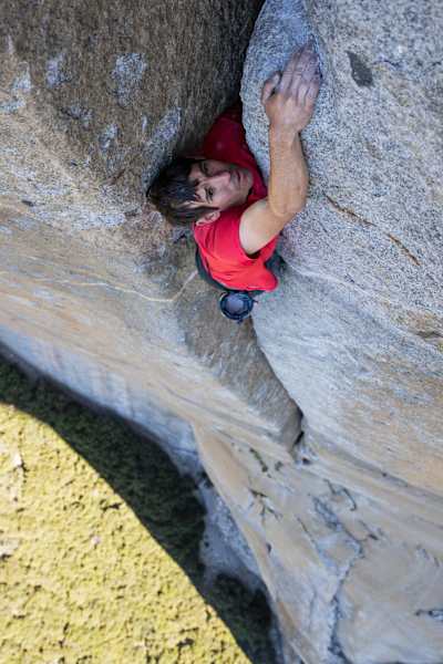 Alex Honnold free soloing the Scotty-Burke pitch of Freerider on Yosemite's El Capitan.