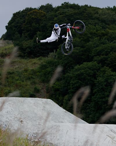 Brandon Semenuk does a trick over a jump while filming Lightspeed, Japan.