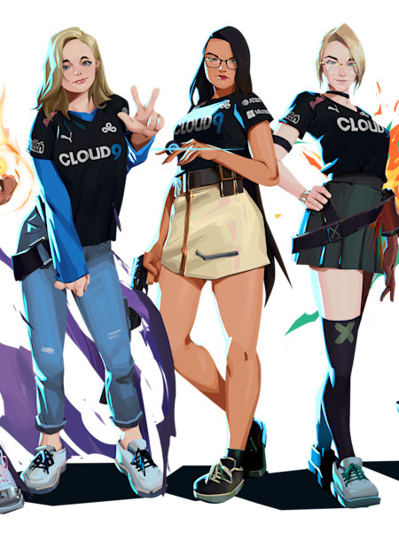 Artwork of the Cloud9 White all-female Valorant team.