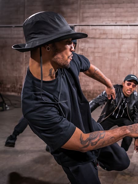 Diablo, Kefton, Marvin and Stalamuerte perform with a micro drone during the filming of the video FollowMe in France on January 10, 2019.