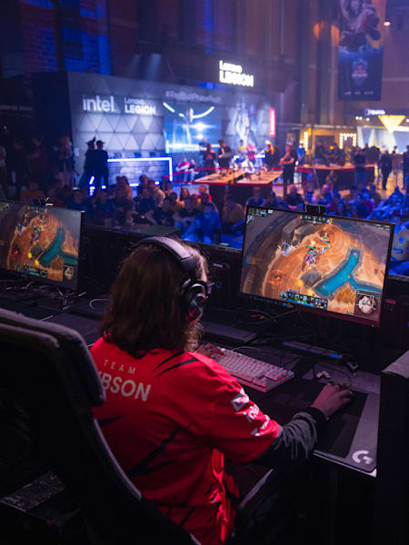 At the Red Bull Phase Rush event in Warsaw, Poland, a competitor plays on stage.