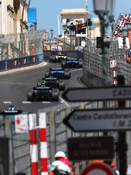 Liam Lawson leads Alexander Albon, Carlos Sainz, George Russell, Kimi Antonelli and Lance Stroll during the F1 Grand Prix of Monaco at Circuit de Monaco on May 25, 2025 in Monte-Carlo, Monaco.