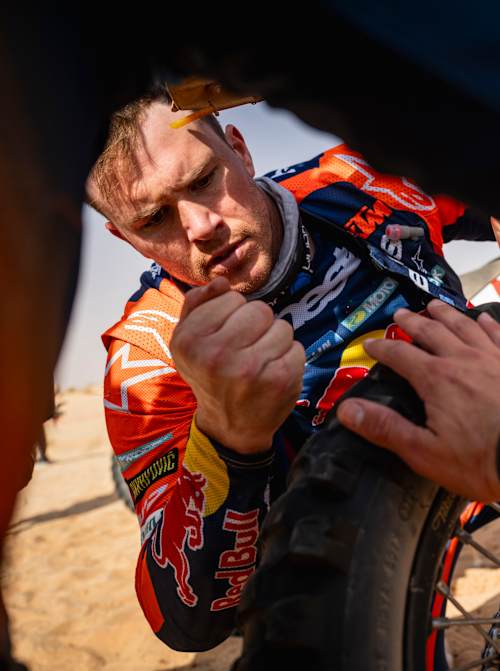 Daniel Sanders (AUS) of Red Bull KTM Factory Racing seen at the marathon bivouac after stage 04 of the 2026 Rally Dakar in Al Ula, Saudi Arabia on January 7, 2026.
