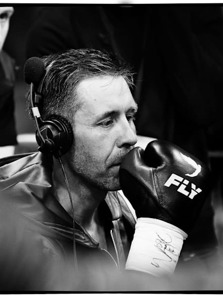 British actor Paddy Considine between takes on the set of his movie, Journeyman, wearing his on-screen boxing gear.
