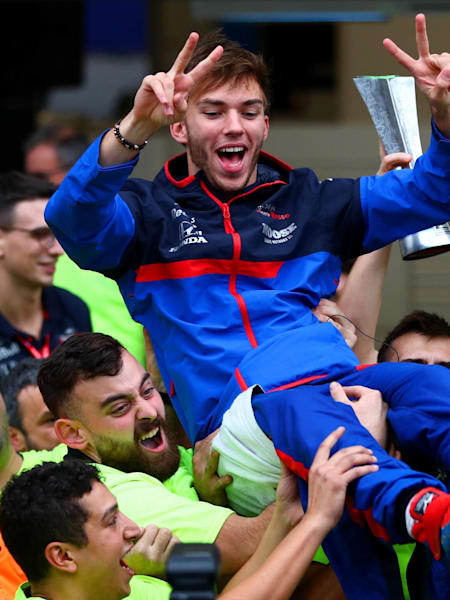 Second placed Pierre Gasly of France and Scuderia Toro Rosso celebrates with his team after the F1 Grand Prix of Brazil at Autodromo Jose Carlos Pace.