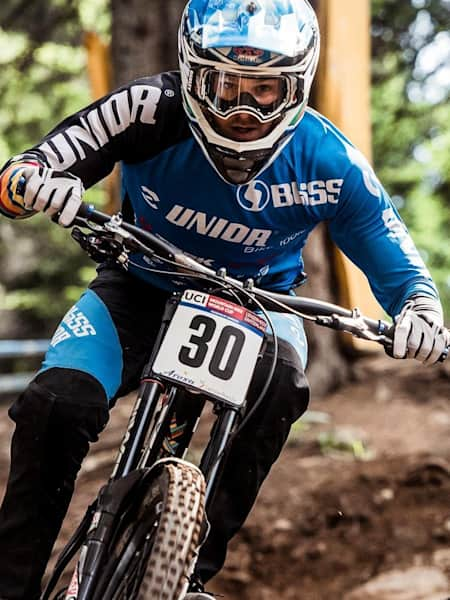 Ruaridh Cunningham racing during finals at Lenzerheide DH World Cup on July 9, 2016