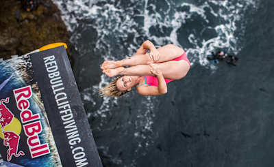 Rachelle Simpson of the USA dives during the Red Bull Cliff Diving World Series, Sao Miguel, Azores, Portugal on July 7, 2016. 