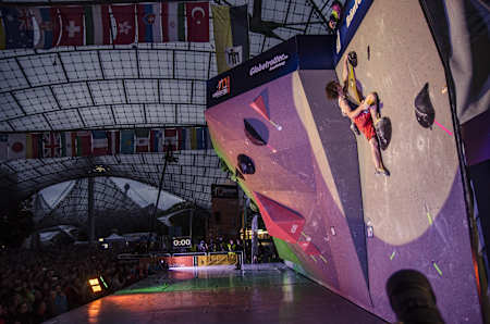 Adam Ondra performs during the at the IFSC Climbing World Championship finals at the Olympic Stadium in Munich, Germany on August 23rd, 2014.
