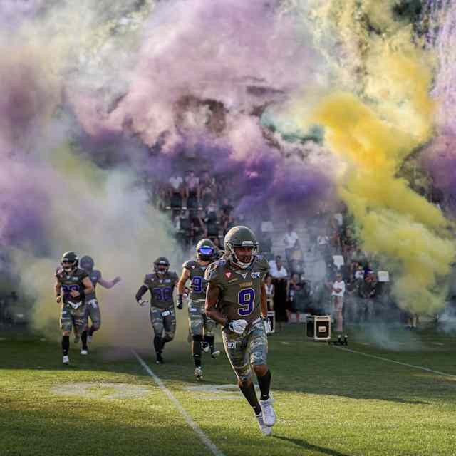 The Vienna Vikings enter the field to play against the Rhein Fire in the AFLE 2026 season