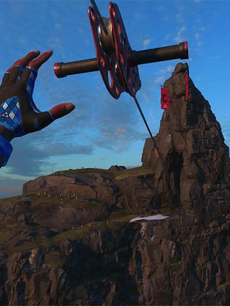 Screenshot of a player reaching for a zipline in The Climb 2
