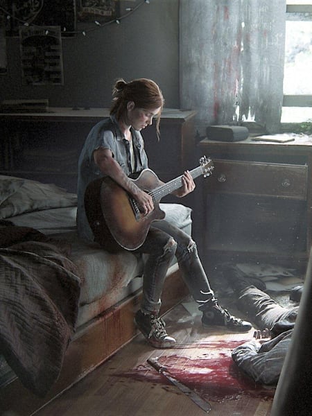 A screenshot showing a woman playing a guitar in The Last of Us: Part II.