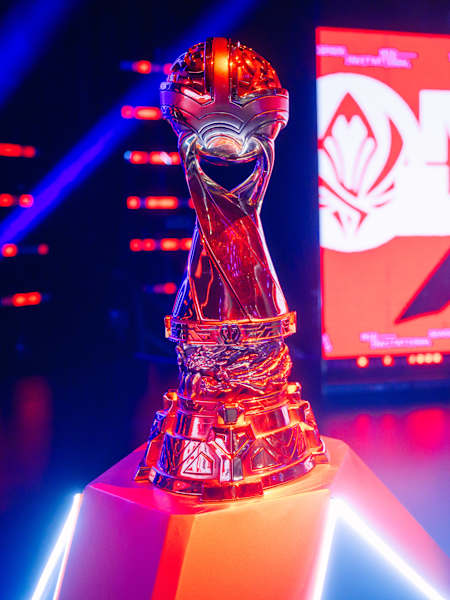 A photo of the trophy at MSI 2025 Finals at the Pacific Coliseum in Vancouver, Canada on July 12, 2025.