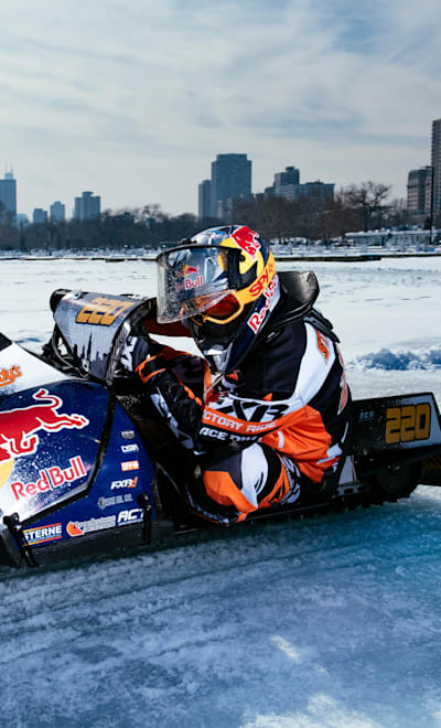 Gunnar Sterne rides his snowmobile in Chicago, Illinois, on Feburary 14, 2018.