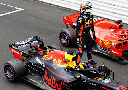 Race winner Daniel Ricciardo of Australia and Red Bull Racing celebrates on his car in parc ferme during the Monaco Formula One Grand Prix at Circuit de Monaco on May 27, 2018 in Monte-Carlo, Monaco.