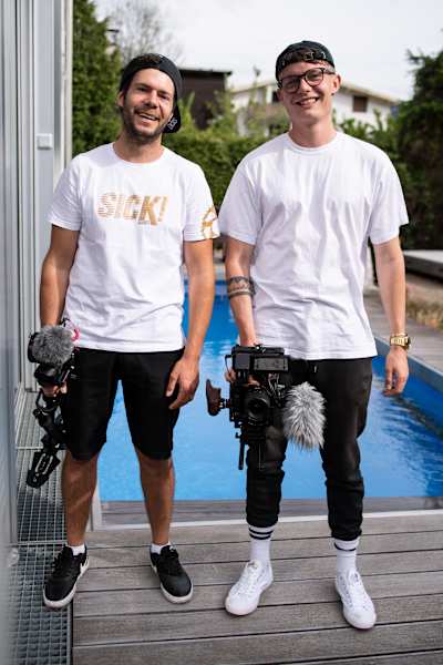 Filmers Hannes Berger and Marius Prell photographed during the making of the video Home Office with Fabio Wibmer.