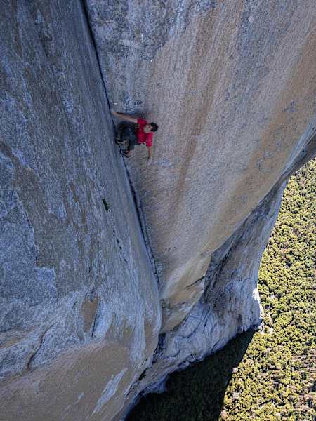Alex Honnold climbs through the enduro corner on El Capitan's Freerider during the filming of Free Solo.