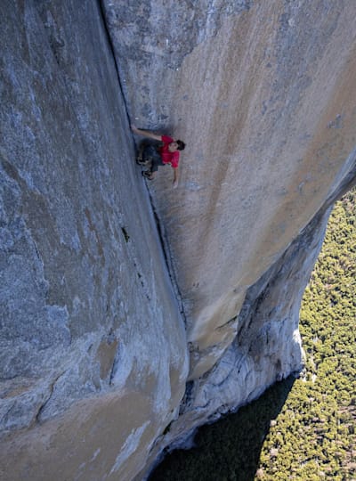 Alex Honnold climbs through the enduro corner on El Capitan's Freerider during the filming of Free Solo.