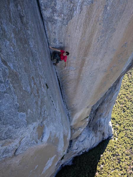 Alex Honnold climbs through the enduro corner on El Capitan's Freerider during the filming of Free Solo.