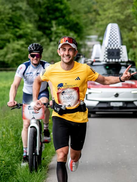 Lukas Lance of Germany reacts during the Wings for Life World Run Flagship Run in Zug, Switzerland on May 05, 2024.