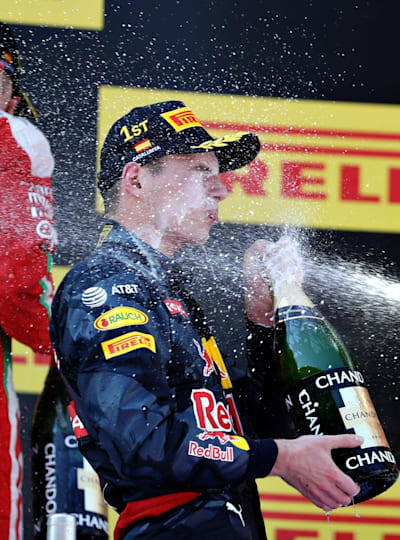 Max Verstappen celebrates winning the Spanish Grand Prix, becoming the youngest winner in the history of Formula One. 