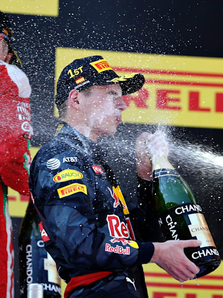Max Verstappen celebrates winning the Spanish Grand Prix, becoming the youngest winner in the history of Formula One. 