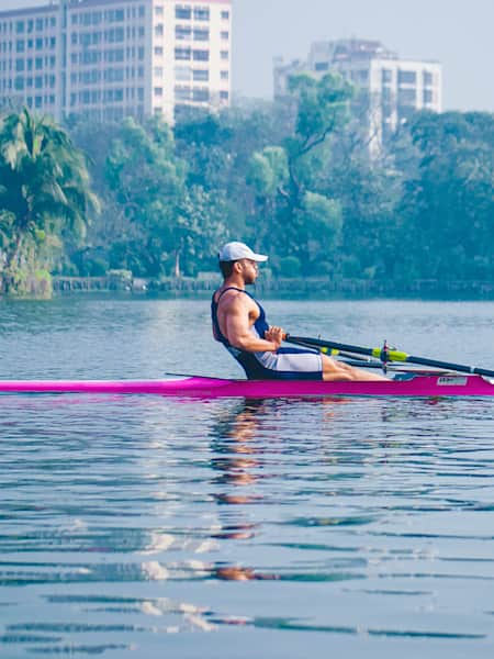 Pratik Gupta trains in rowing at the Bengal Rowing Club on Rabindra Sarobar Lake in Kolkata, India.