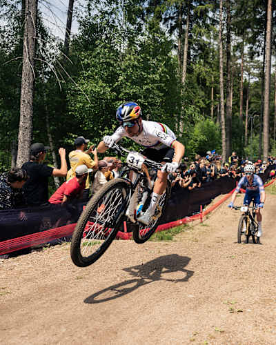 Tom Pidcock competes at the UCI XCO World Cup 2024 mountain bike race in Nové Město na Moravě, Czech Republic