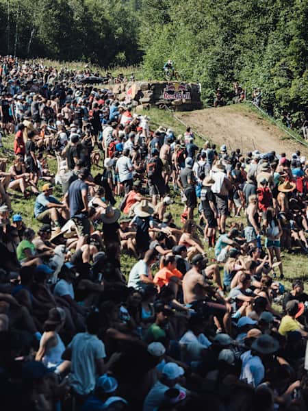 A competitor rides at the Mont-Sainte-Anne DH World Cup in September 2022.