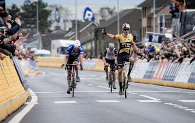 Wout van Aert winning the 65th E3 Classic 2023 after a sprint against Mathieu Van der Poel and Tadej Pogacar.