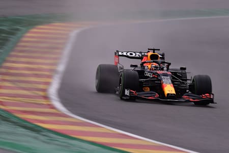 Max Verstappen of the Netherlands driving the Red Bull Racing RB16B Honda during qualifying ahead of the F1 Grand Prix of Belgium at Circuit de Spa-Francorchamps on August 28, 2021 in Spa, Belgium.