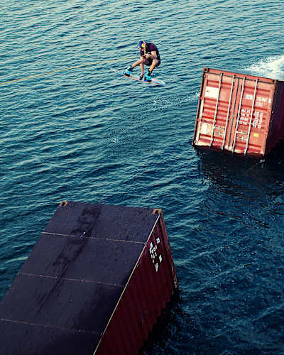 Dominik Hernler wakeboarding pulled by a crane during the Wake Crane project in Croatia