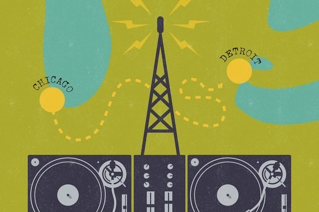 An illustration showing the link provided between Chicago and Detroit's DJ music scenes by late-night radio DJs.