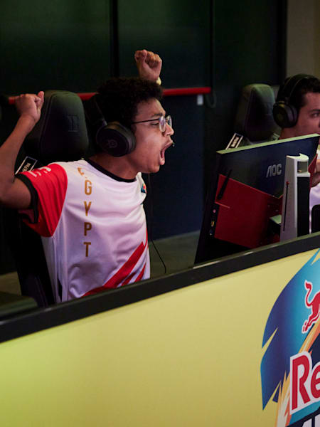 Chrollo, from team ANUBIS from Egypt, celebrates during Red Bull Campus Clutch World Final