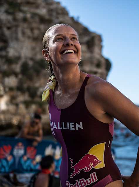 Rhiannan Iffland of Australia smiles after her final dive on the competition day of the 2025 Red Bull Cliff Diving World Series in Polignano a Mare, Italy