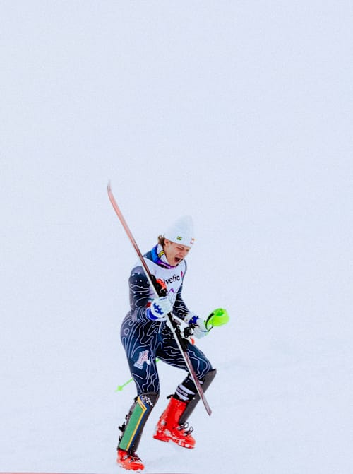 Giant slalom skier Lucas Pinheiro Braathen celebrates on the slopes during filming of On My Terms