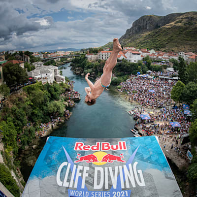 Gary Hunt of France dives from the 27 metre platform during the final competition day of the third stop of the Red Bull Cliff Diving World Series in Mostar, Bosnia and Herzegovina on August 28, 2021.
