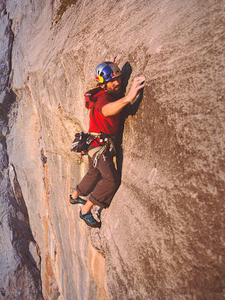 Kilian Fischhuber climbing the multi-pitch route Headless Children in the Rätikon mountain range in Switzerland.