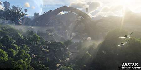 Screenshot aus Avatar: Frontiers of Pandora zeigt die Spielwelt mit einem dichten Regenwald im Sonnenaufgang.