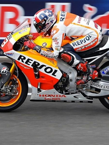 Honda MotoGP rider Marc Márquez crosses the famous brick line at Indianapolis Speedway on his way to winning the Indianapolis GP