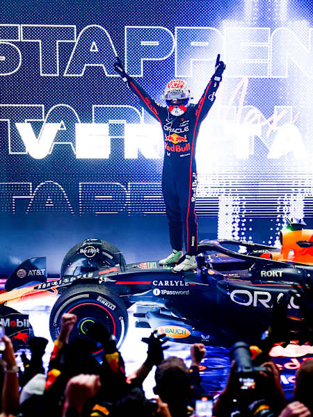 Max Verstappen celebrates on arrival in parc ferme during the F1 Grand Prix of Qatar at Lusail International Circuit on November 30, 2025 in Lusail City, Qatar. 