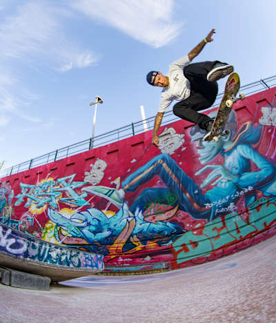 Ryan Sheckler performs a backside kickflip at Red Bull Drop In Tour.