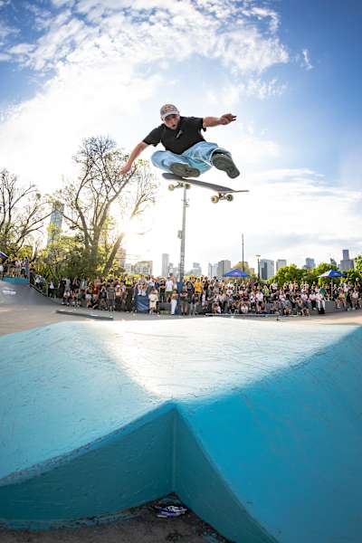 Jamie Foy performs a heelflip at Red Bull Drop In Tour in Melbourne, Australia on 20 October, 2023. 
