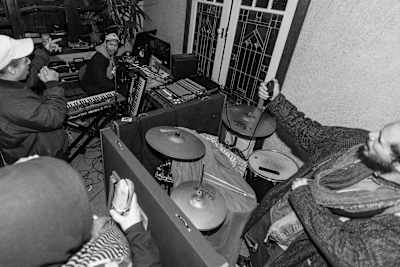 A photo of a recording session with Melbourne's Mandarin Dreams and Silentjay.