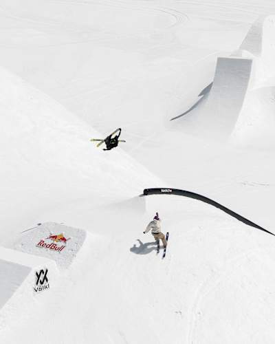 Finley Melville Ives and Klaus Polzer ski off a ramp for Swatch Nines 2025.
