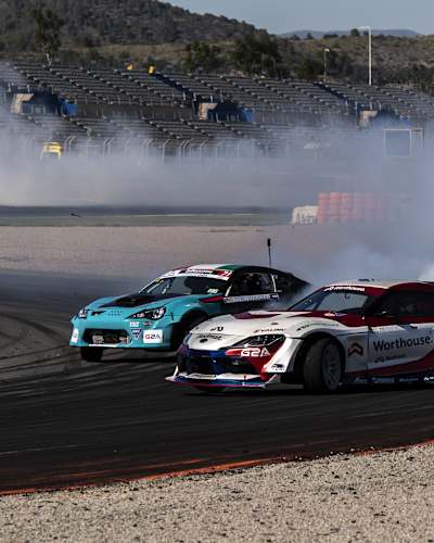 Piotr Wiecek of Poland and Ali Makhseed of Kuwait perform during the qualification round of Drift Masters in Valencia, Spain on May 10, 2024.