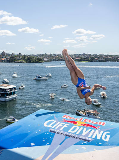 Rhiannan Iffland dives from the 21m platform during the final competition day of the eighth and final stop of the Red Bull Cliff Diving World Series in Sydney, Australia on October 15, 2022.