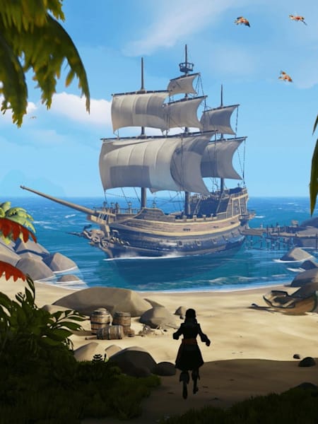 A ship in a cove on a tropical island in Sea of Thieves by Rare Games.