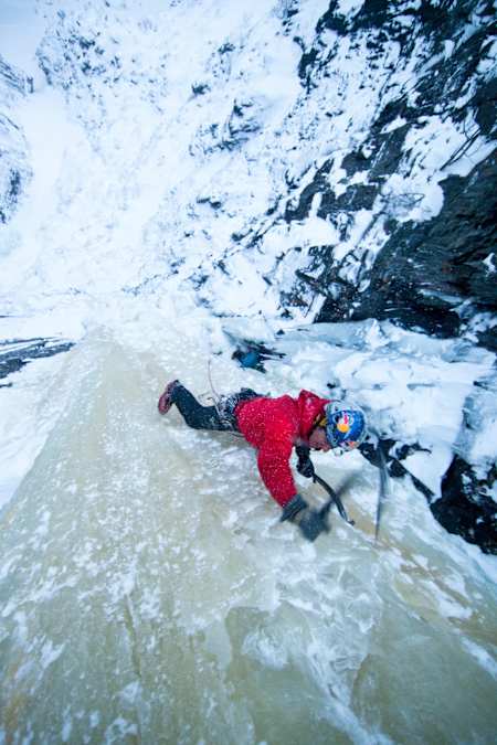Will Gadd in action ice climbing in Rjukan in Norway on February 15th 2010.