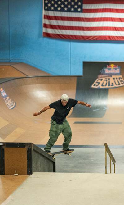 Lucas Rabelo performs a nollie 180 nosegrind at the Red Bull SOLUS competition in San Clemente, California, USA, on September 9, 2021.